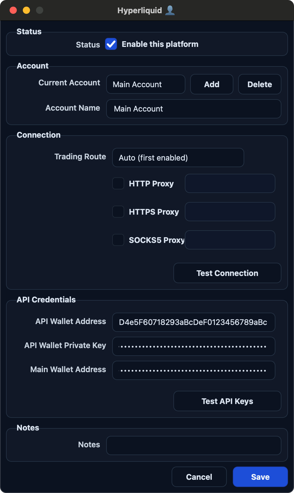 Hyperliquid account configuration