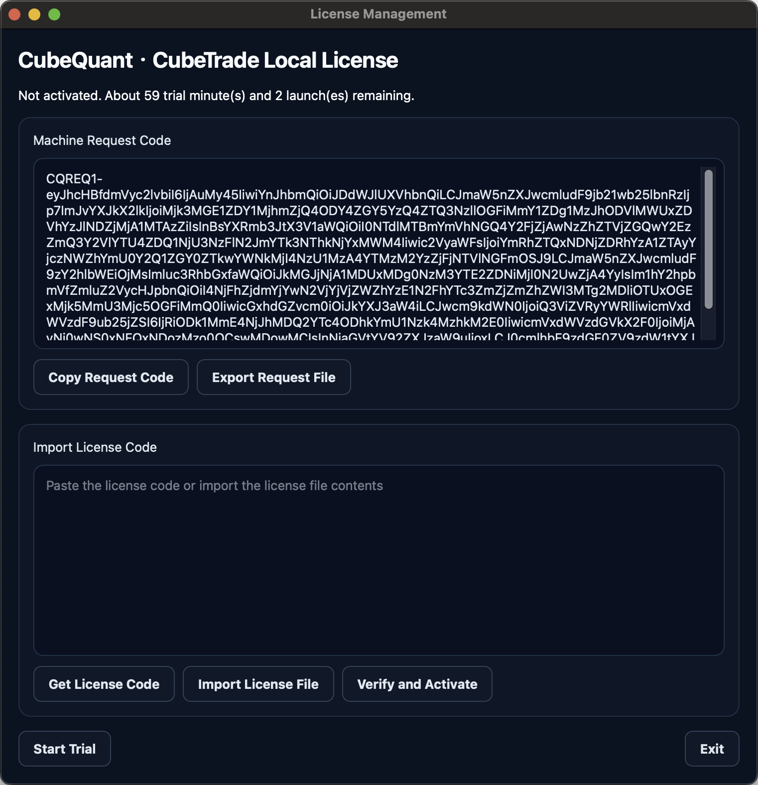CubeTrade activation management screen